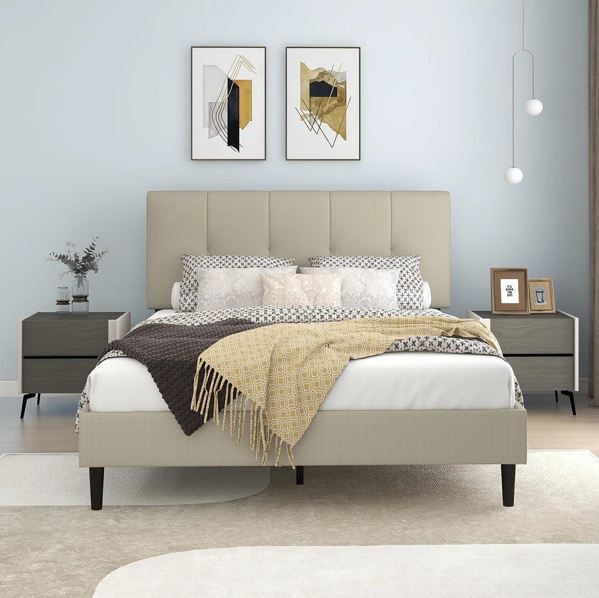 Watson Biege Upholstered Platform Bed - YANDZ HOME