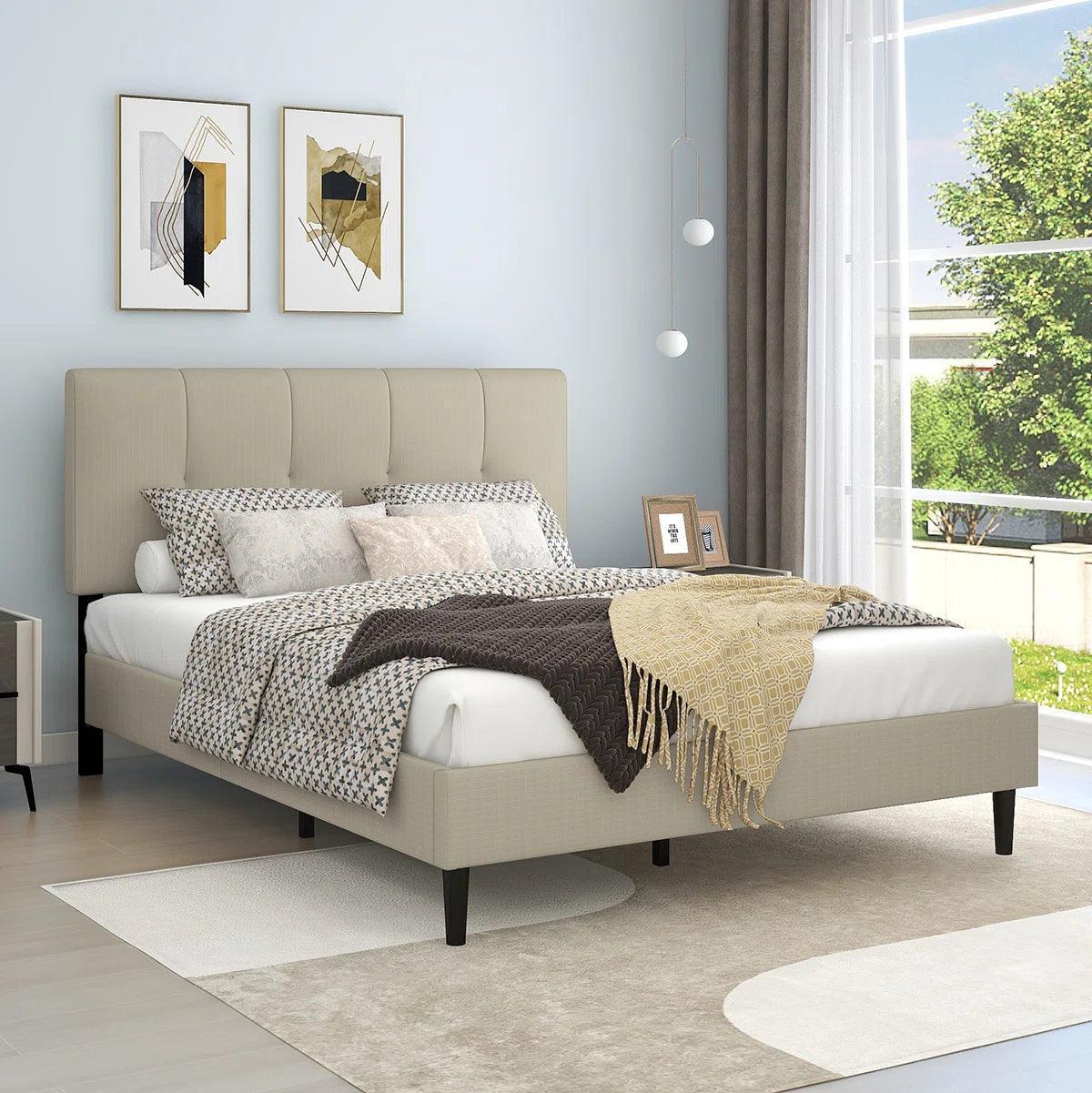 Watson Biege Upholstered Platform Bed - YANDZ HOME