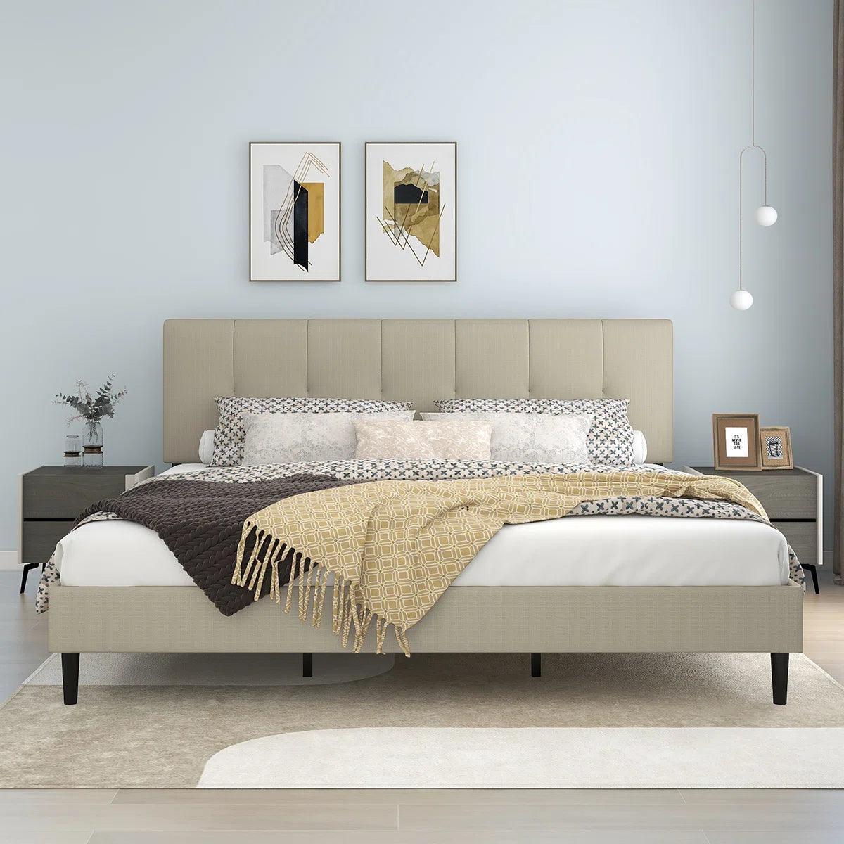 Watson Biege Upholstered Platform Bed - YANDZ HOME