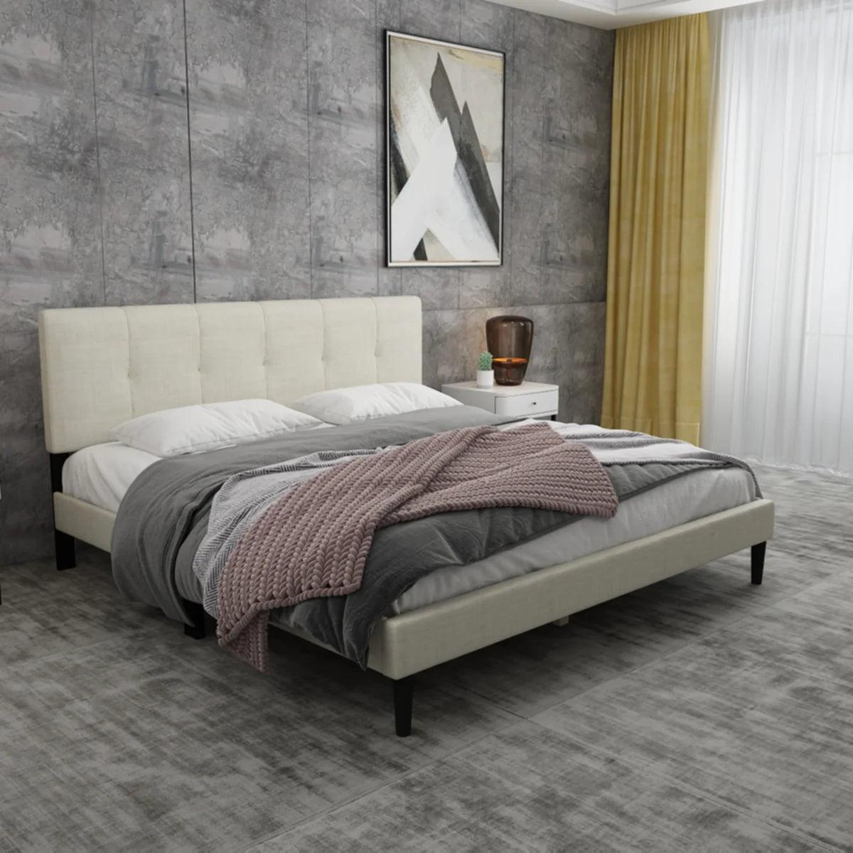 Watson Biege Upholstered Platform Bed - YANDZ HOME