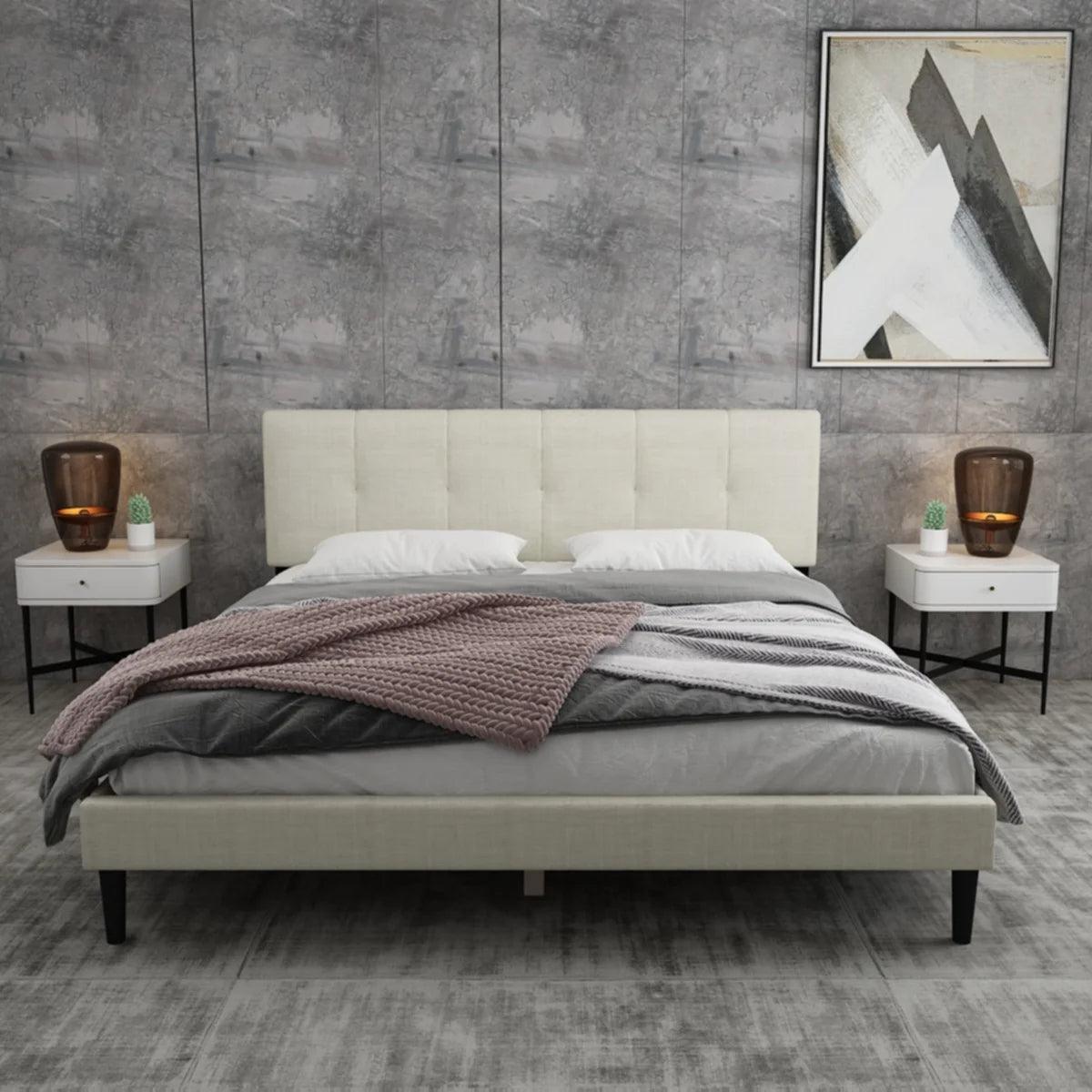 Watson Biege Upholstered Platform Bed - YANDZ HOME
