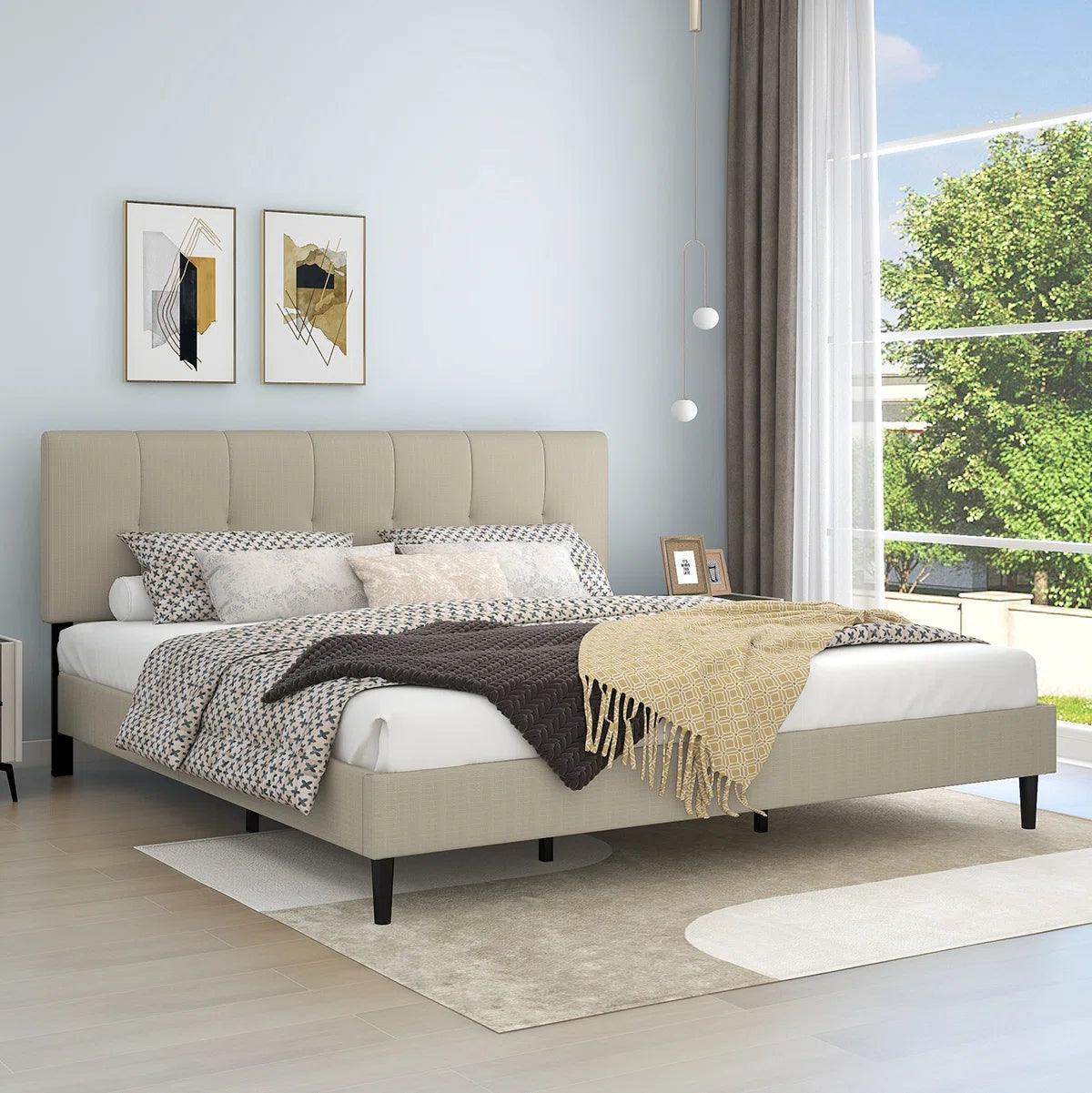 Watson Biege Upholstered Platform Bed - YANDZ HOME