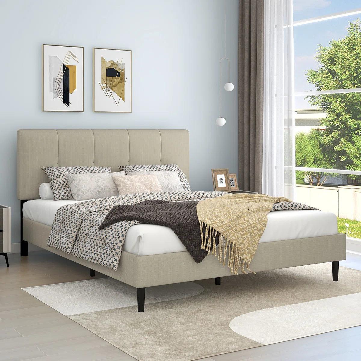 Watson Biege Upholstered Platform Bed - YANDZ HOME