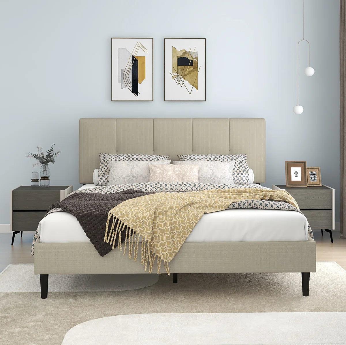 Watson Biege Upholstered Platform Bed - YANDZ HOME