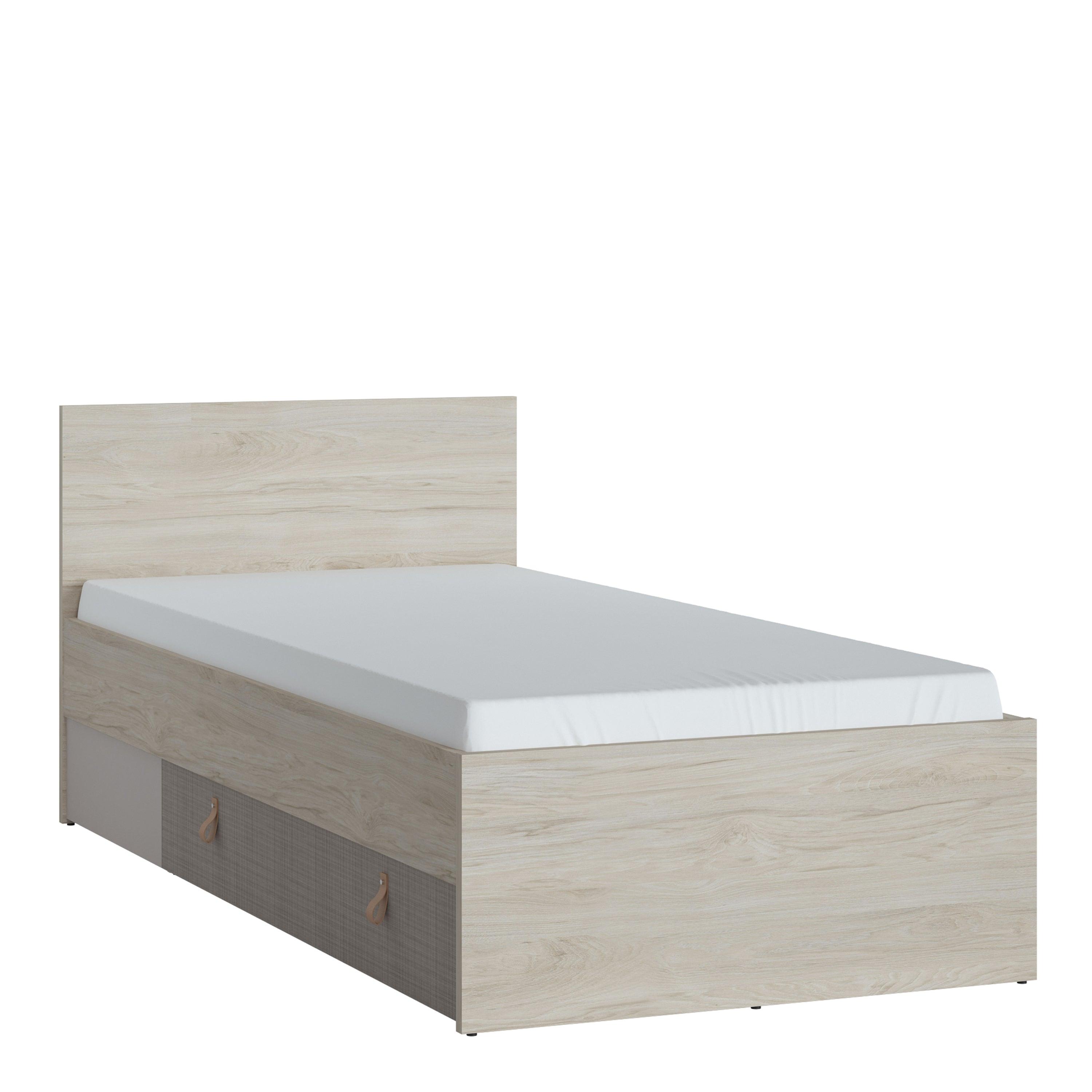 Denim Bed with 1 Drawer in Light Walnut & Grey Fabric Effect - YANDZ HOME