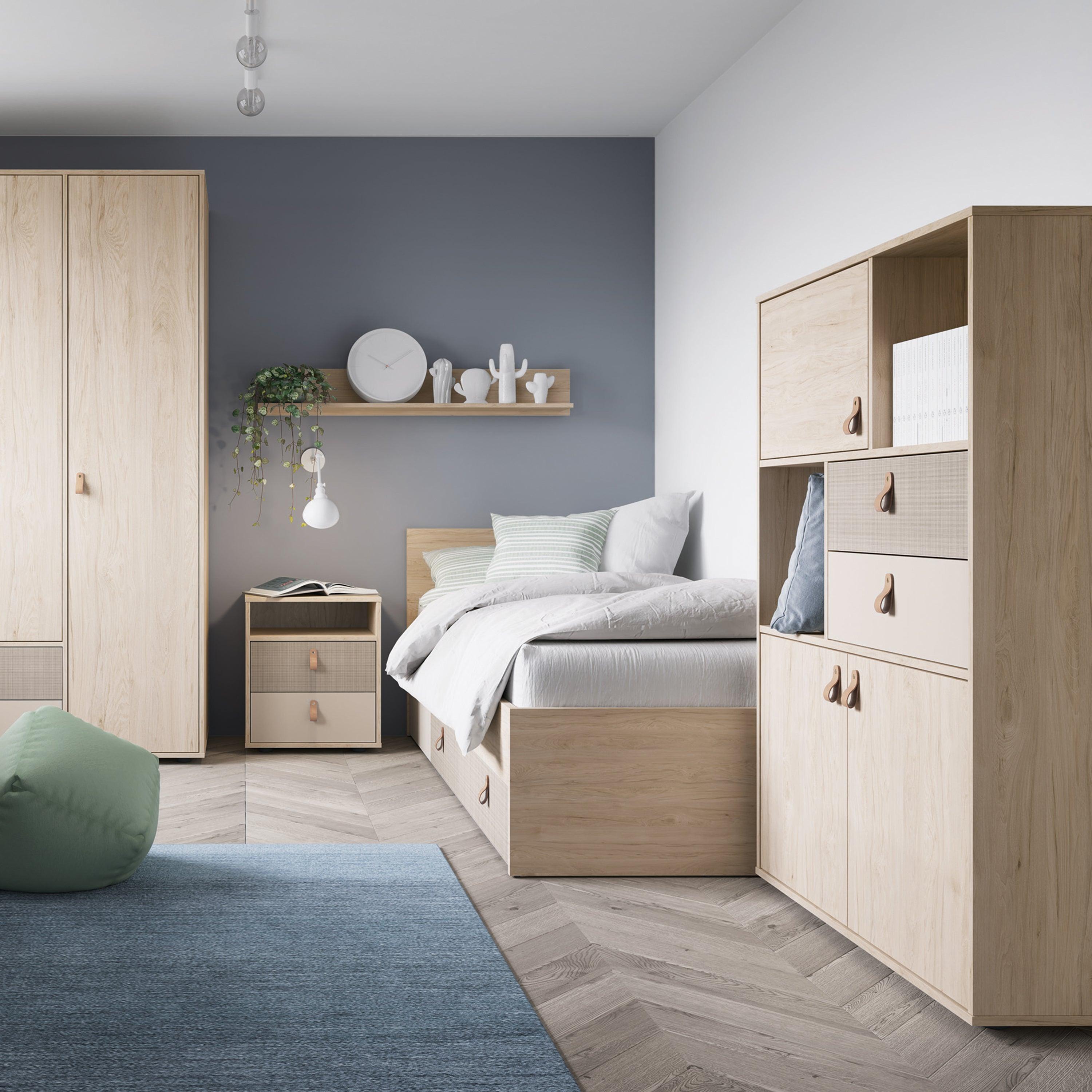 Denim Bed with 1 Drawer in Light Walnut & Grey Fabric Effect - YANDZ HOME
