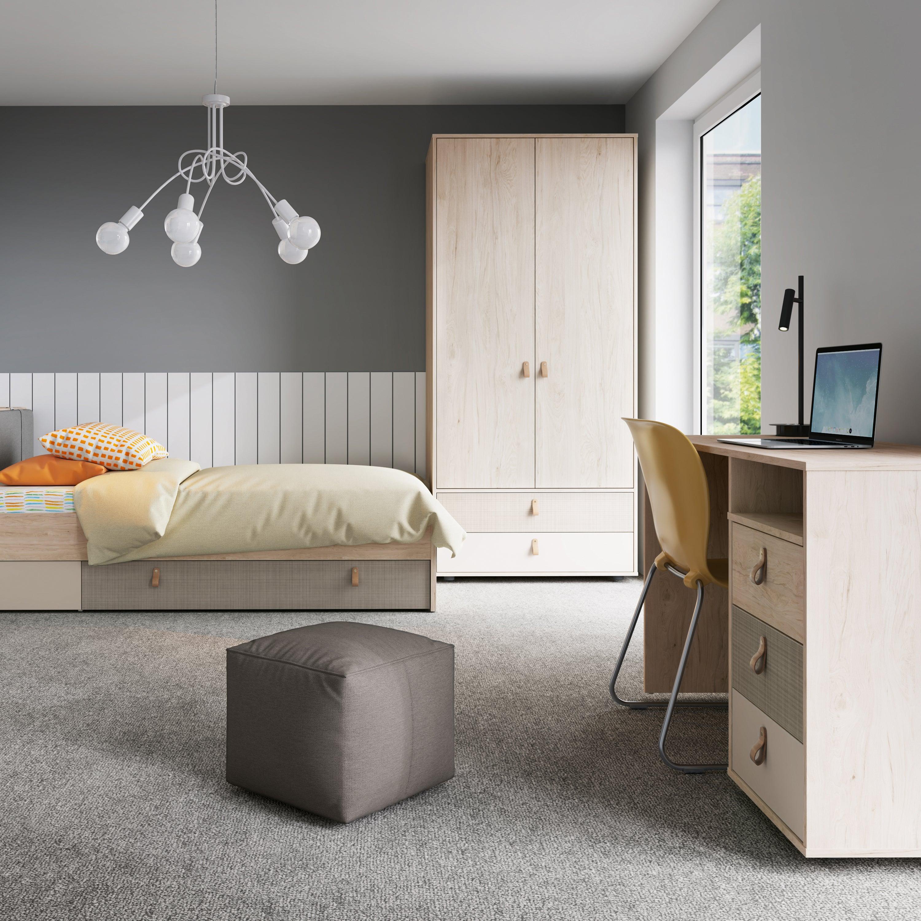 Denim Bed with 1 Drawer in Light Walnut & Grey Fabric Effect - YANDZ HOME