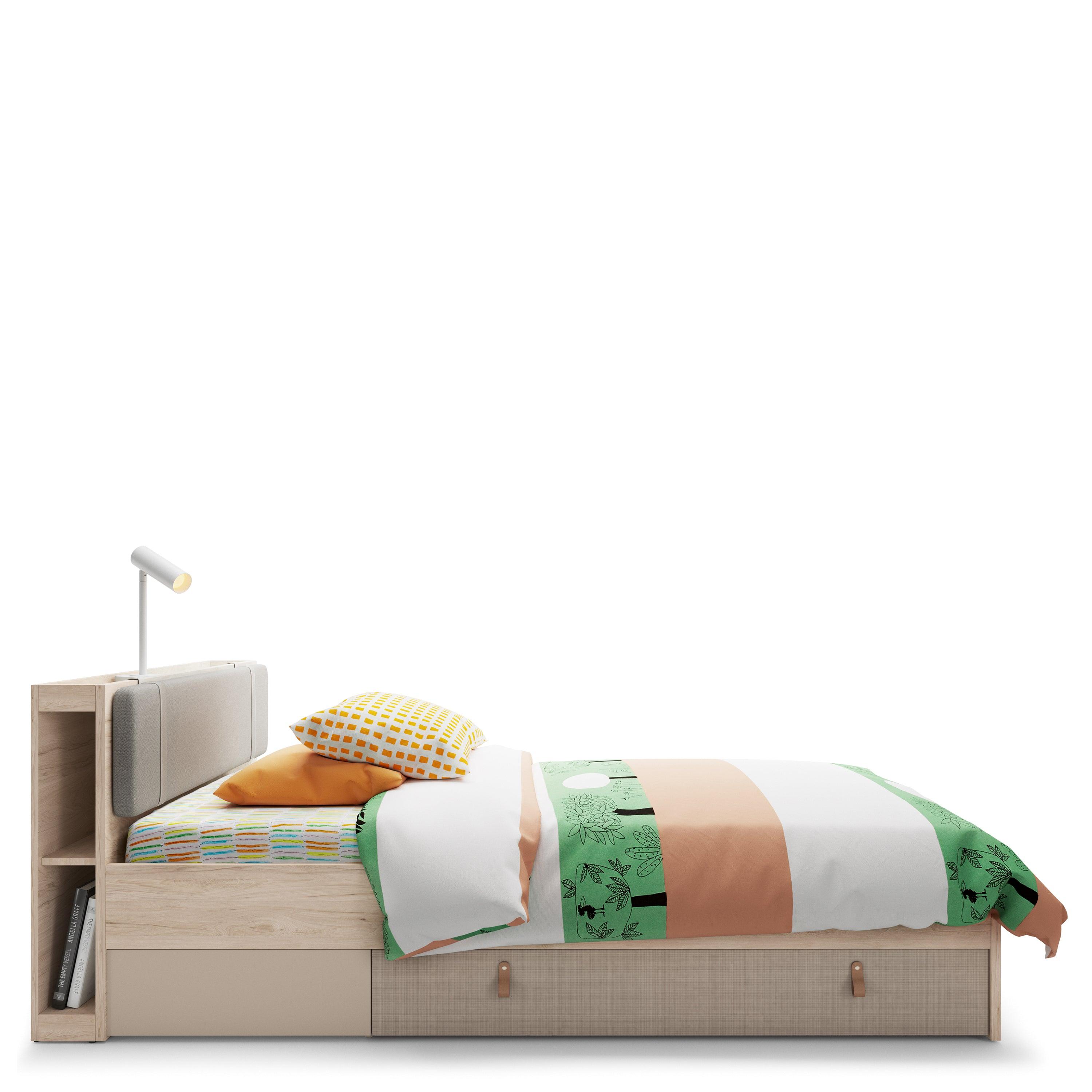 Denim Bed with 1 Drawer in Light Walnut & Grey Fabric Effect - YANDZ HOME