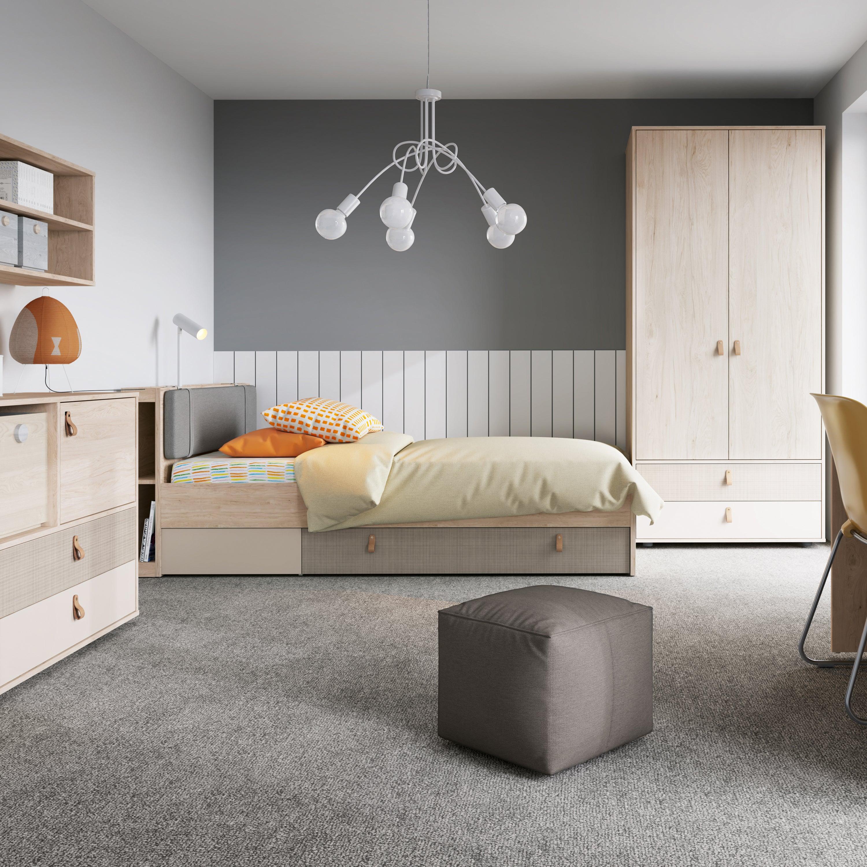 Denim Bed with 1 Drawer in Light Walnut & Grey Fabric Effect - YANDZ HOME