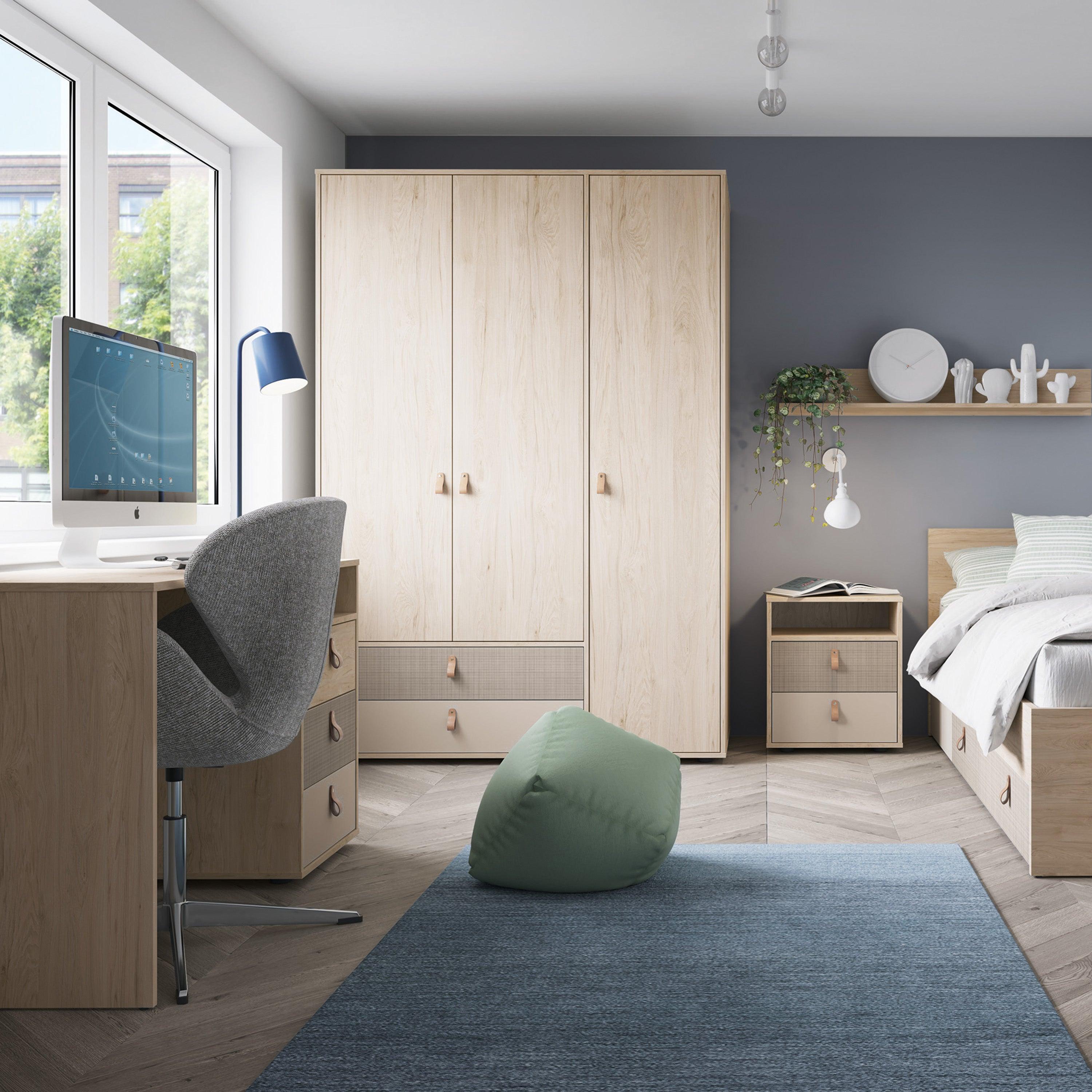 Denim Bed with 1 Drawer in Light Walnut & Grey Fabric Effect - YANDZ HOME