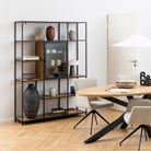 Lena Bookcase with 7 Shelves & Glass Display – Black Metal & Wild Oak - YANDZ HOME