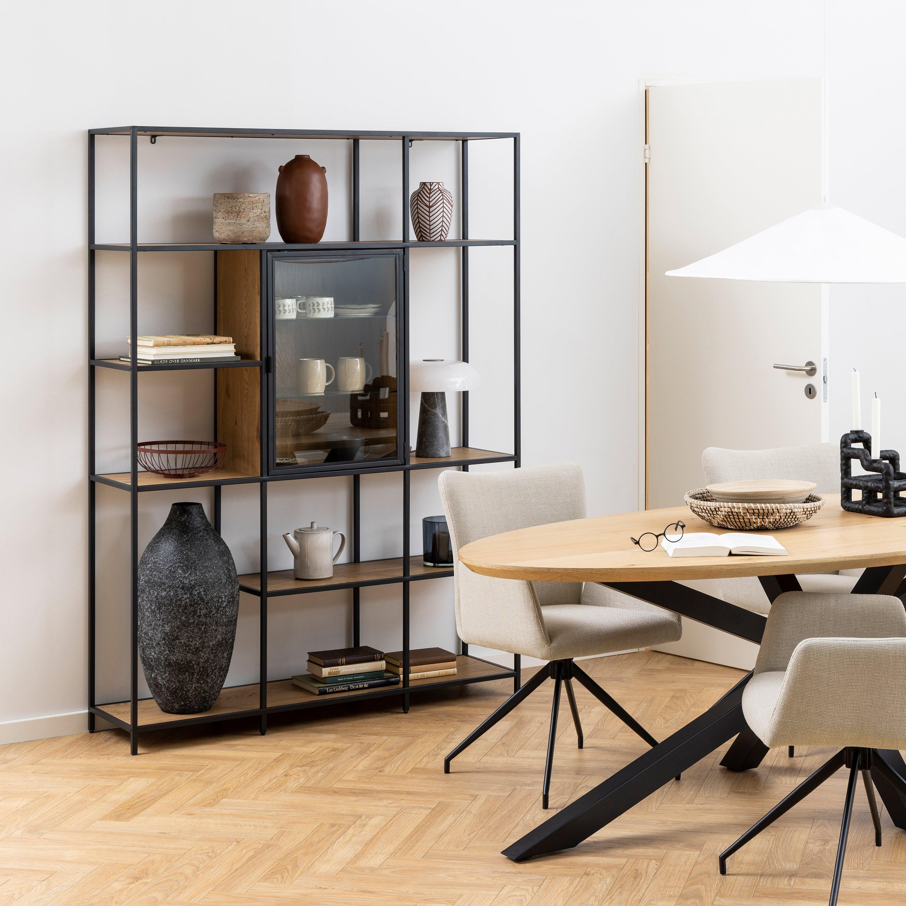 Lena Bookcase with 7 Shelves & Glass Display – Black Metal & Wild Oak - YANDZ HOME